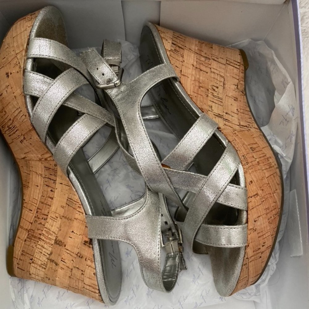 Marc Fisher Silver Gleena Cork Wedge Sandals